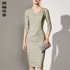 孤品 J8382623颈袖添香2019春秋新款时尚V领中长袖职业裙修身显瘦羊毛连衣裙J8382623不退可换 商品缩略图0