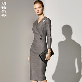 孤品-J8383063A颈袖添香季新款时尚气质V领修身包臀职场装长袖连衣裙女