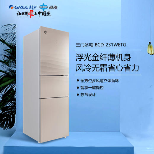 GREE格力 晶弘冰箱 三门冰箱 立体风冷无霜软冷冻 BCD-231WETG/浮光金 商品图0
