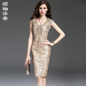 J7180068颈袖添香季气质裙子中长款御姐风亮片礼服蕾丝连衣裙女J7180068