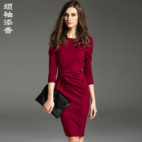 J5380352C颈袖添香季修身收腰显瘦气质酒红色连衣裙子女中长款J5380352C