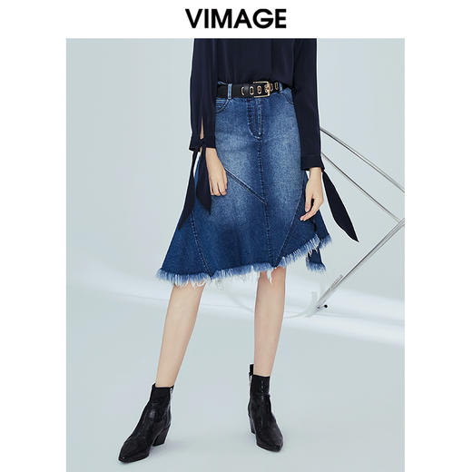 VIMAGE纬漫纪女装高腰显瘦蓝色牛仔不规则半身裙a字V1206801 商品图2