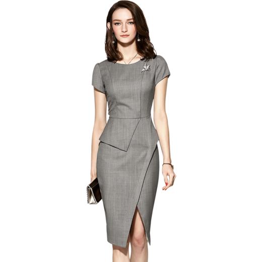 J9283656A颈袖添香季女装灰色短袖中长款ol职场装正装包臀连衣裙J9283656T1X5 商品图4