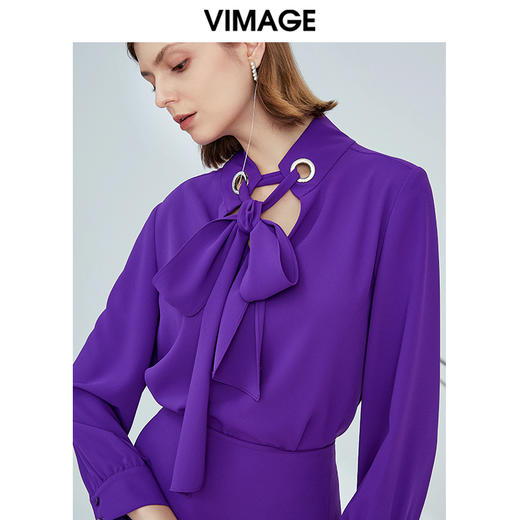 VIMAGE纬漫纪女装秋季蝴蝶节系带通勤职场长袖雪纺衫上衣V1213805 商品图0