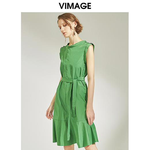 VIMAGE纬漫纪女装夏季高腰系带鱼尾清新牛油果绿连衣裙V1107748 商品图0