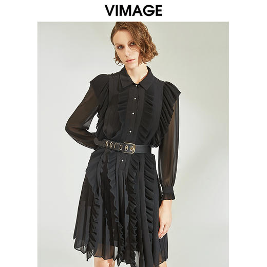 VIMAGE纬漫纪女装秋季复古珍珠扣荷叶边褶皱气质连衣裙V1207805 商品图1