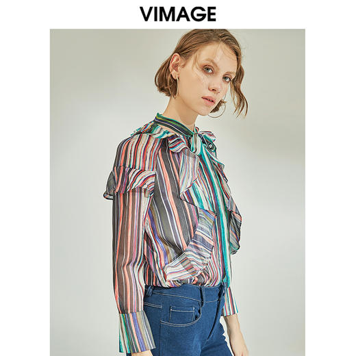 VIMAGE纬漫纪秋季清新可爱风喇叭袖直筒撞色条纹衬衫V1109713 商品图1