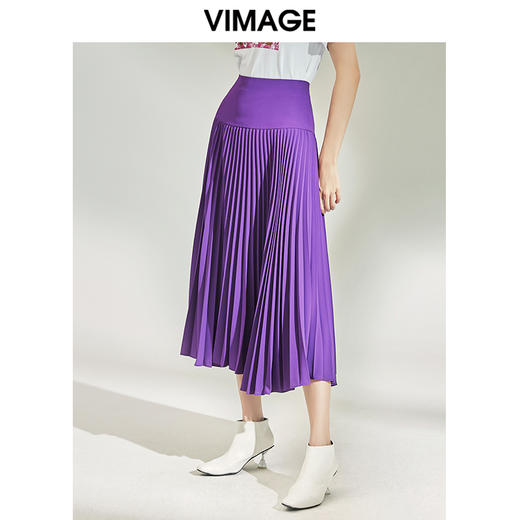 VIMAGE纬漫纪女装秋季紫色时尚高腰显瘦百褶半身裙中长款V1206804 商品图1