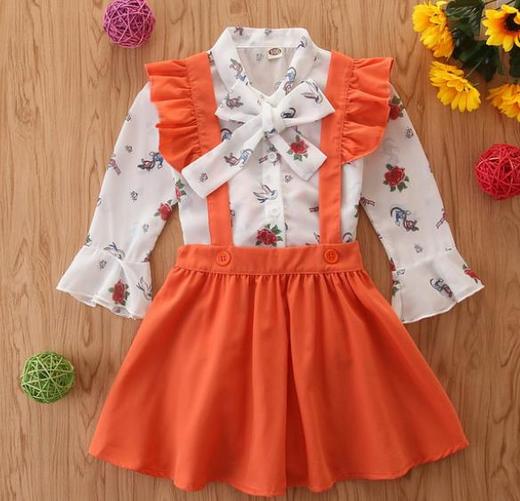 【童装】洋气淑女ins新款两色长袖印花女童橘色背带裙子两件套 商品图1