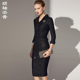 “黑曜石”J8383067B颈袖添香新款气质名媛女装职场装粗花呢小香风西装连衣裙J8383067B