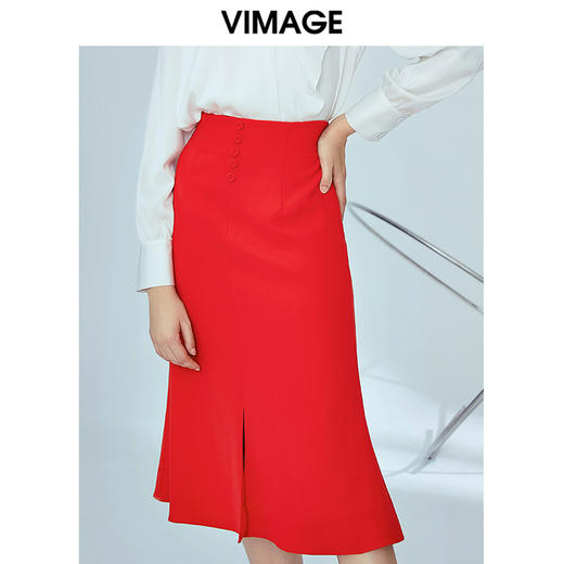 VIMAGE纬漫纪女装秋季高腰开叉名媛气质优雅一步裙半身裙V1206809 商品图2