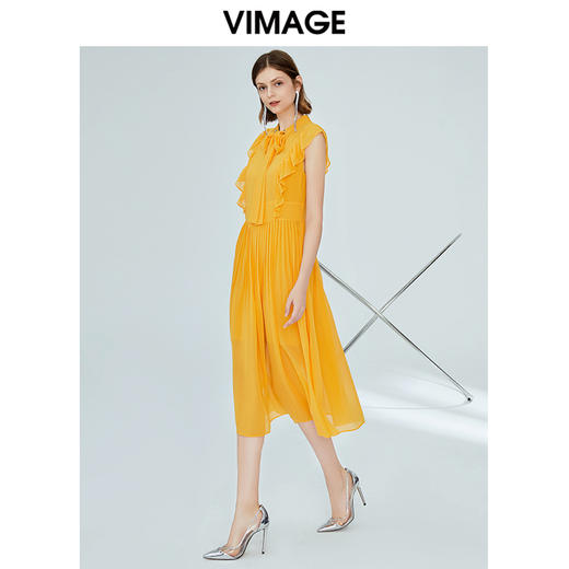 VIMAGE纬漫纪女装夏季新品法式名媛蝴蝶结系带荷叶雪纺连衣裙V1107763 商品图0