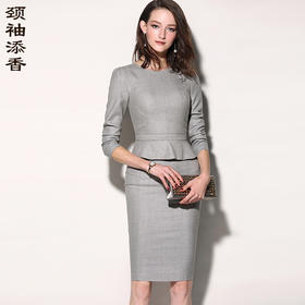 J7381606B颈袖添香装新款修身显瘦时尚气质羊毛职场装长袖连衣裙女J7381606B不退可换