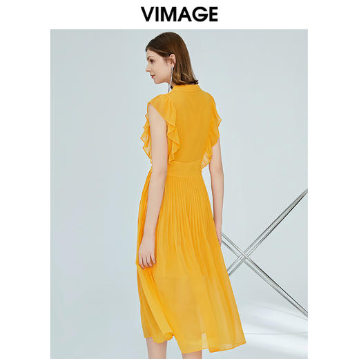 VIMAGE纬漫纪女装夏季新品法式名媛蝴蝶结系带荷叶雪纺连衣裙V1107763 商品图2