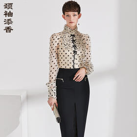 J9233686颈袖添香新款时尚桑蚕丝波点衬衣女式雪纺衫真丝衬衫女J9233686（四季可穿）