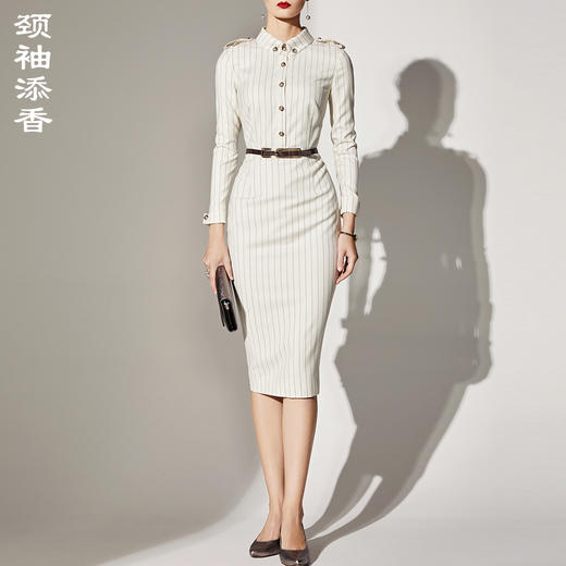 J8382734C颈袖添香连衣裙女装新款时尚气质修身条纹长袖职场装包臀裙J8382734C 商品图1