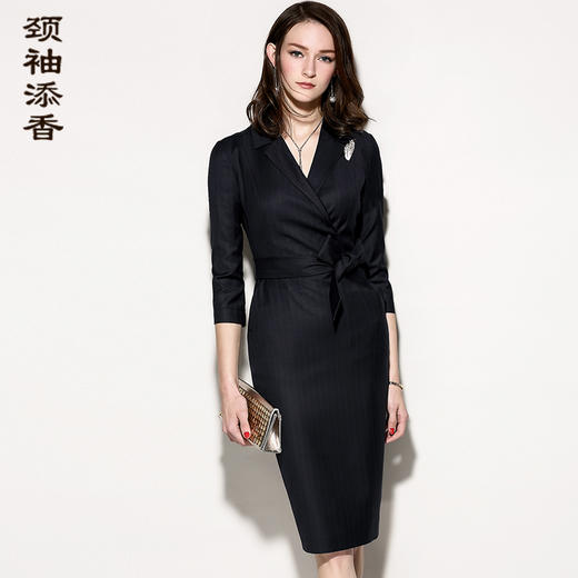 孤品-J8182390颈袖添香中袖连衣裙秋女新款七分袖秋时尚气质修身显瘦包臀裙J8182390（不退不换） 商品图0