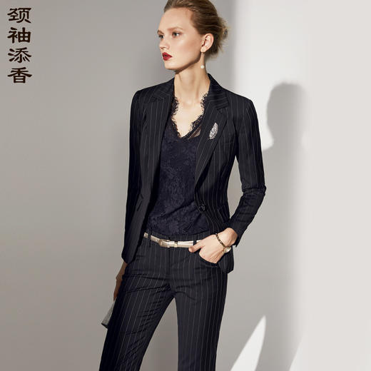 J83A3247颈袖添香春秋新款女装OL职业装小西装条纹套装修身时尚正装J83A3247 商品图0