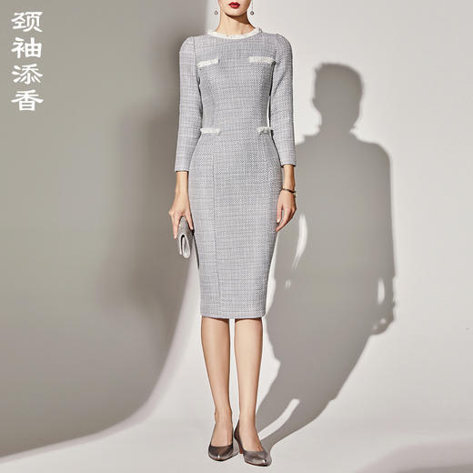 孤品-灰蓝色J8382849颈袖添香装新款职场装裙子女装名媛气质小香风连衣裙J8382849 商品图0