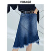 VIMAGE纬漫纪女装高腰显瘦蓝色牛仔不规则半身裙a字V1206801 商品缩略图1