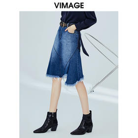 VIMAGE纬漫纪女装高腰显瘦蓝色牛仔不规则半身裙a字V1206801
