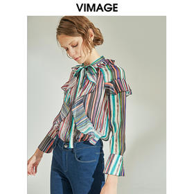 VIMAGE纬漫纪秋季清新可爱风喇叭袖直筒撞色条纹衬衫V1109713