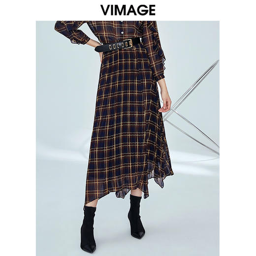 VIMAGE纬漫纪女装秋季英伦风高腰不规则中长款a字格纹半身裙V1206806 商品图1