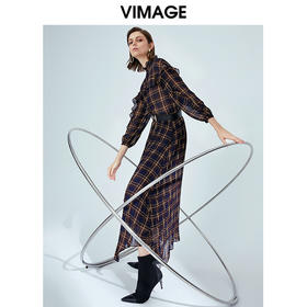 VIMAGE纬漫纪女装秋季英伦风高腰不规则中长款a字格纹半身裙V1206806