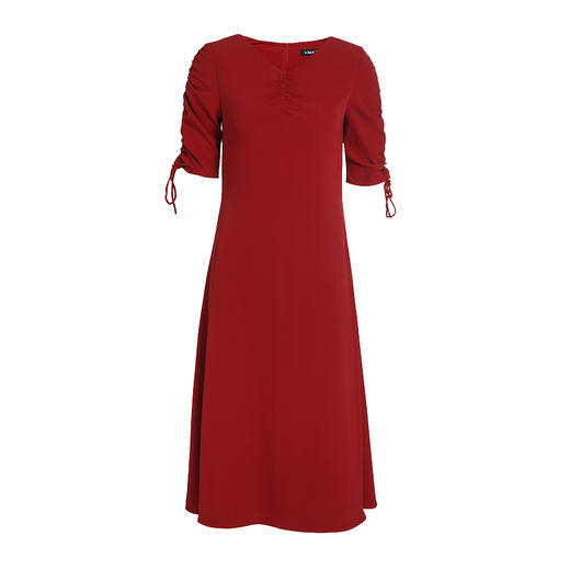 VIMAGE纬漫纪女装夏季抽褶气质优雅V领复古红色连衣裙长V1107751 商品图3