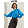 VIMAGE纬漫纪女装秋新气质小众褶皱缎面半高领纽扣装饰衬衫V1213810 商品缩略图0