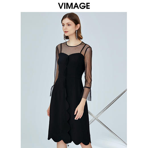 VIMAGE纬漫纪女装秋新品优雅网纱透视假两件复古礼服连衣裙V1277802 商品图0