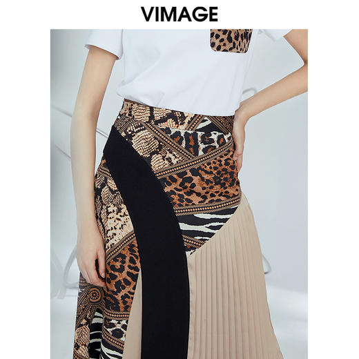 VIMAGE纬漫纪女装秋季英伦时髦动物纹拼接百褶半身裙a字V1206811 商品图1