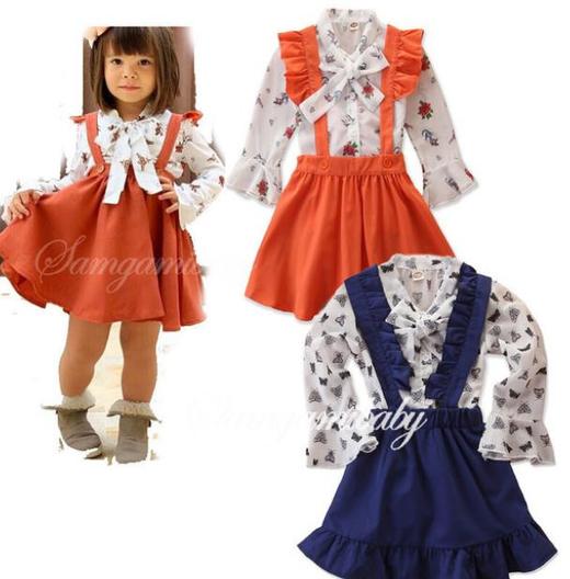 【童装】洋气淑女ins新款两色长袖印花女童橘色背带裙子两件套 商品图0