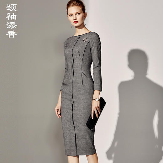 J8382756A颈袖添香季新款中长款修身气质OL职场羊毛包臀连衣裙女J8382756A 商品图0