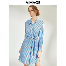 VIMAGE纬漫纪女装秋干练时尚职业条纹系带显瘦中款连衣裙V1207839