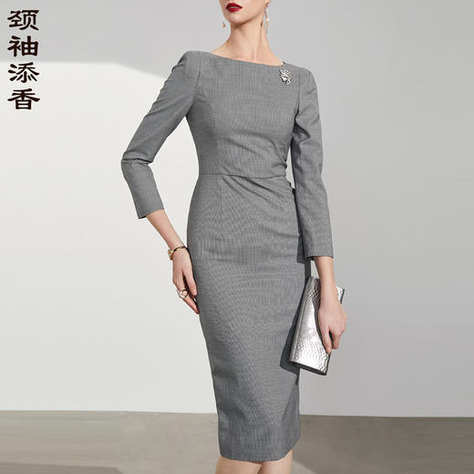 **J8382754B颈袖添香2019春季新款时尚气质修身中长款长袖显瘦包臀连衣裙女J8382754B 商品图0