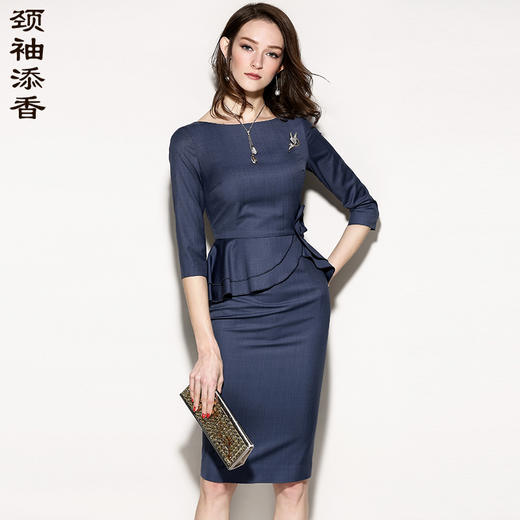 孤品 “曼哈顿周一”颈袖添香新款女装七分袖女收腰显瘦荷叶边职场装连衣裙J8182286B不退可换 商品图0