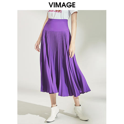 VIMAGE纬漫纪女装秋季紫色时尚高腰显瘦百褶半身裙中长款V1206804 商品图2