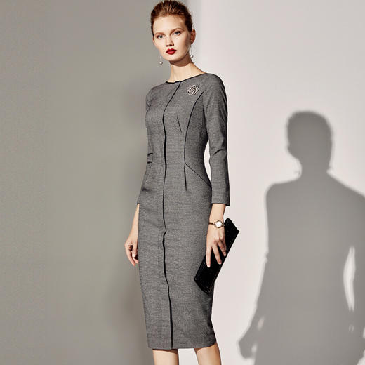 J8382756A颈袖添香季新款中长款修身气质OL职场羊毛包臀连衣裙女J8382756A 商品图1