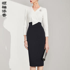 “黑白余地”J9182689颈袖添香时尚气质通勤OL正装中长款包臀职场装连衣裙女J9182689