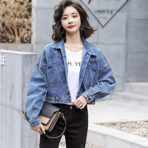 【寒冰紫雨】 女装女士牛仔外套 时髦翻领牛仔衣短外套 显瘦短款女生