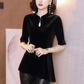HX-1355秋季新款修身弹力金丝绒复古改良旗袍衬衫