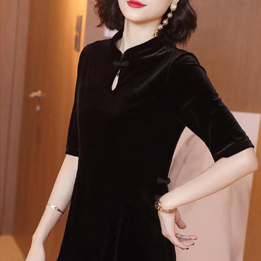 HX-1355秋季新款修身弹力金丝绒复古改良旗袍衬衫 商品图3