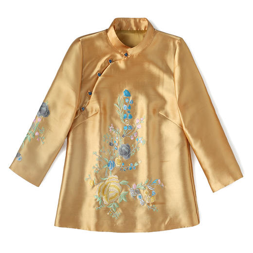 改良盘扣唐装新款金色缎面中国风刺绣中式服装上衣货号myf9618