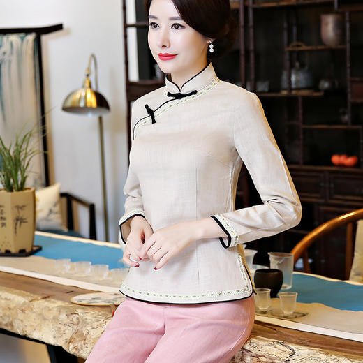 CTN-SY132秋季新款女式品牌长袖棉麻复古立领衬衫 商品图2