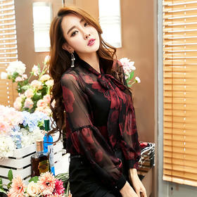 BZ-87111秋季新款精品长袖修身显瘦印花雪纺衫