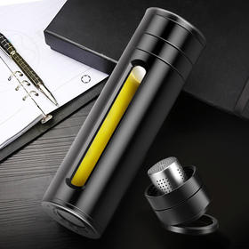 富光 雷克大容量耐摔玻璃杯 商务男士双层塑玻茶杯 茶水分离杯玻璃杯子 带提环便携过滤学生水杯500ML黑色