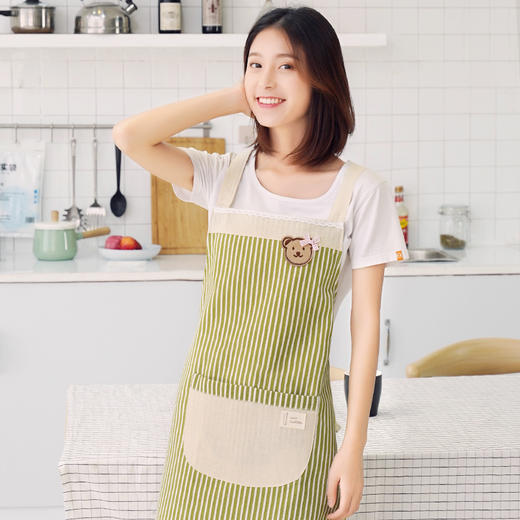 利得韩版时尚棉麻围裙 小熊双层防水围裙 条纹小清新绿 厨房可爱做饭烘焙 商品图1