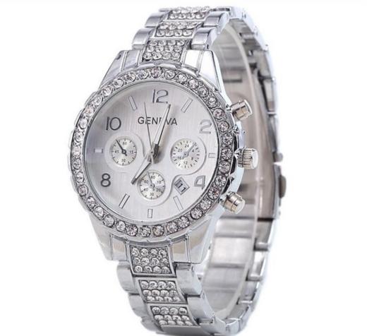 【女士手表】。女士手表满天星钢带套装三眼镶钻女日历石英手表 商品图1