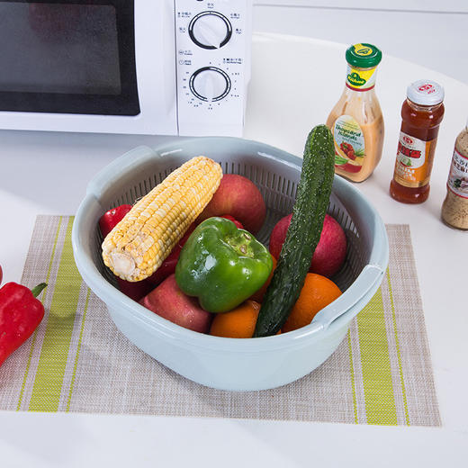 全适 沥水篮双层大号沥水架漏筛旋转圆形洗菜盆 厨房洗菜蓝水果篮 蓝色 商品图1